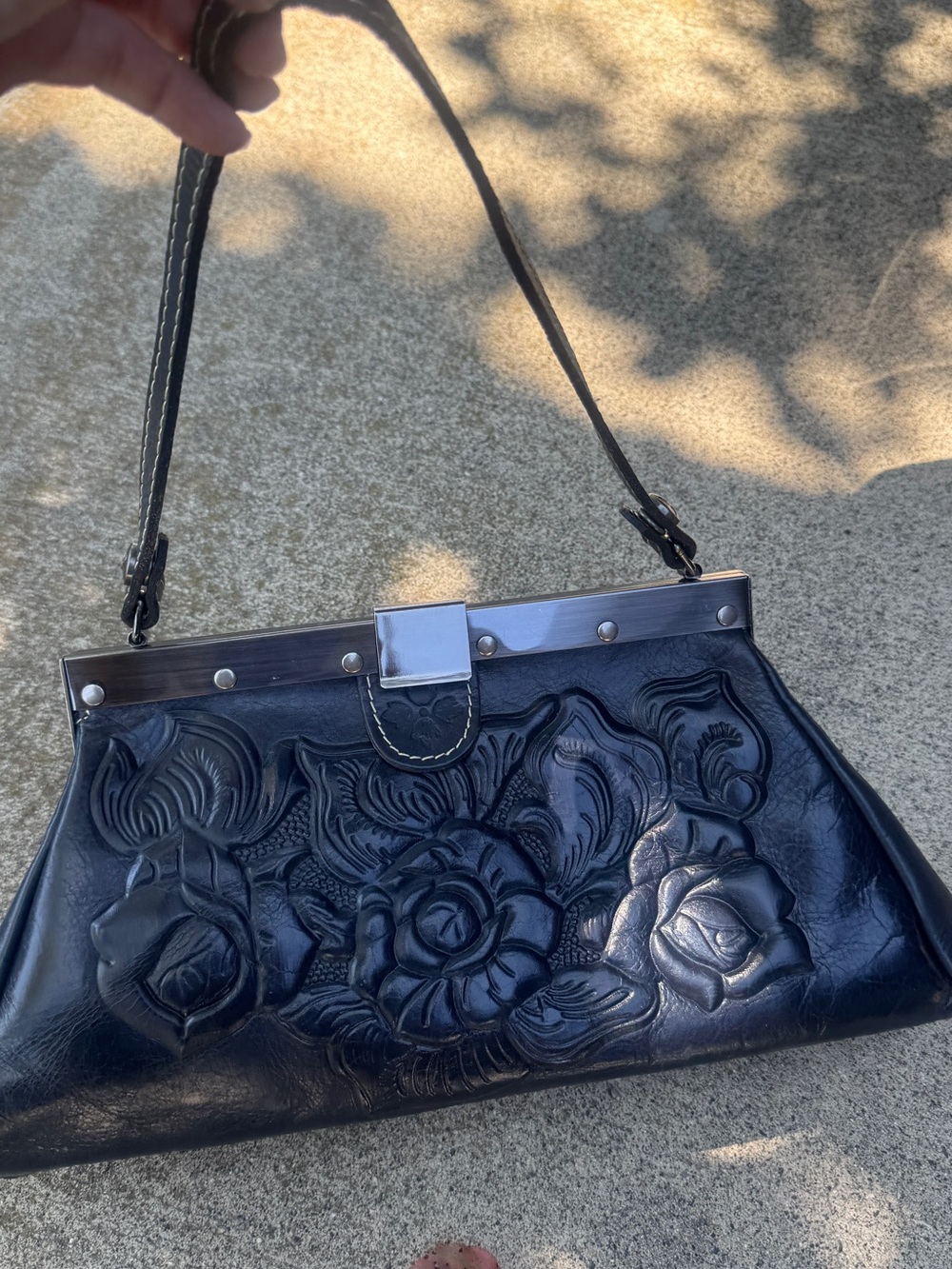 Patricia Nash RARE Black Floral Tooled Leather Shoulder Bag
